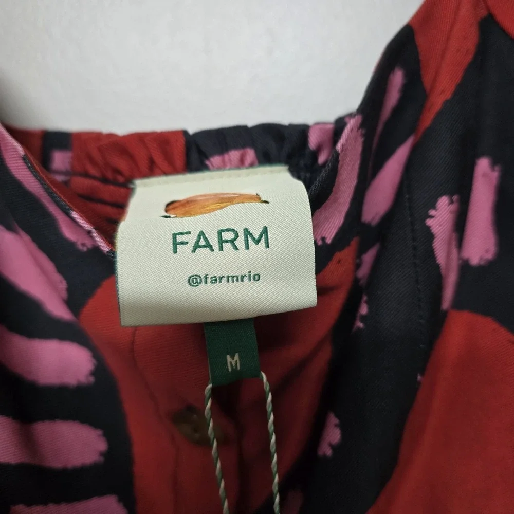 Farm Rio Long Sleeve Hearts Blouse Buttons Red Cropped Square‎ Neck Sz M NWT